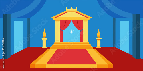 Ancient temple design on a blue background with a red and blue carpet