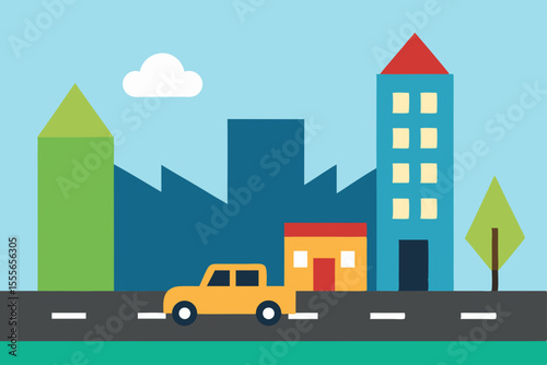 Vibrant Cityscape Illustration Colorful Buildings, Cars, and Roads