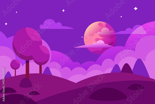 Night landscape with a moonlit sky, stars, and silhouetted trees
