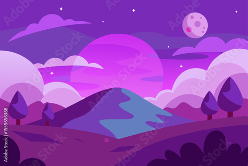 Purple Night Sky Landscape Serene Hilltop under a Giant Moon and Stars