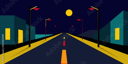 Night city highway: an abstract asphalt path with an arrow pointing toward the future