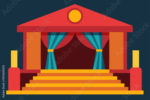 Red and white house illustration with a swing and red carpet, a charming home vector design