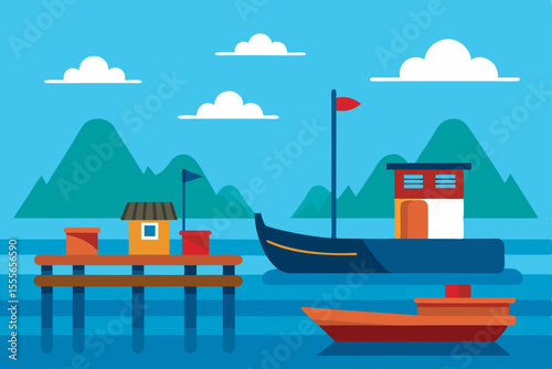 Summer cruise ship sailing on the blue ocean water with a tropical island in the distance
