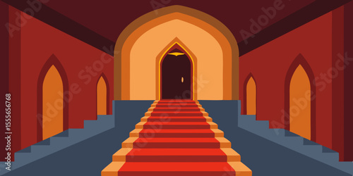 Old European church entrance with a red carpet and stone columns forming an ancient archway