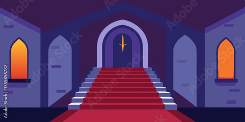 Old European church interior with red carpeted stone corridor, archways, and columns leading to an ancient door