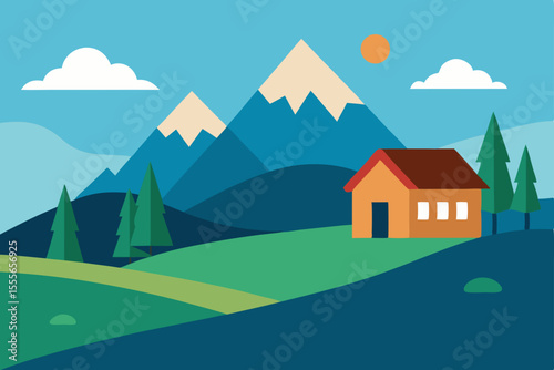 Vector illustration of a mountain village landscape with houses, trees, and sky
