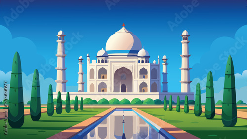 Taj mahal with garden and reflection pool against blue sky landscape illustration