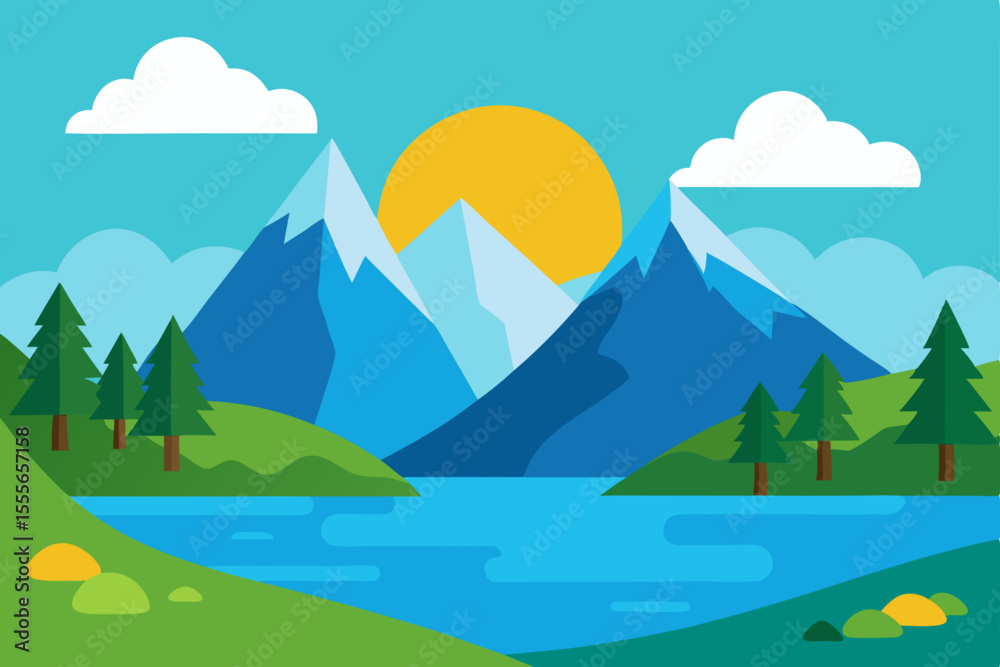 Obraz premium Serene Mountain Lake Landscape Sunrise over Majestic Peaks and Lush Greenery