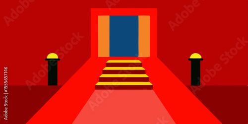 Abstract Red Room Entrance Geometric Staircase Leading to a Mysterious Blue Door
