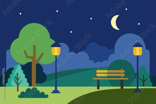 Serene Night Park Scene Tranquil Moonlight, Bench, and Trees Illustration