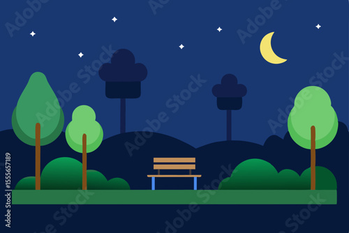 Serene Night Park Tranquil Night Scene with a Bench Under the Moon and Stars