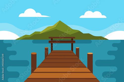 Serene Island Getaway Wooden Dock Leading to Picturesque Mountain View