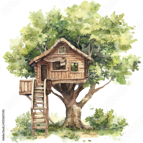 Cozy Treehouse Green Leaves, watercolor drawing vector, isolated on a white background.