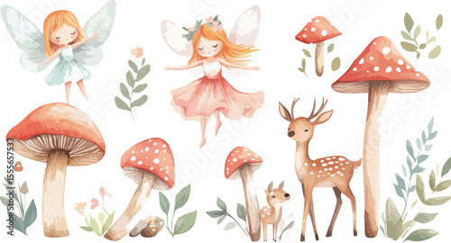 Watercolor Forest Illustration with Fairies Deer and Mushrooms on White Background