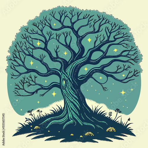 An enchanted tree with twisted branches, glowing fireflies surrounding it., illustration of a tree	vector tree