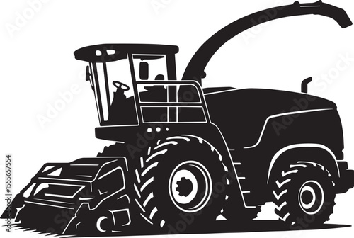 Forage Harvester Silhouette – Detailed Agricultural Silage Machine Vector Icon, Black and White Forage Harvester Side View – Modern Crop Chopper Silhouette