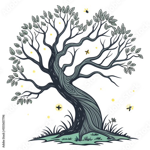 An enchanted tree with twisted branches, glowing fireflies surrounding it., illustration of a tree	vector tree