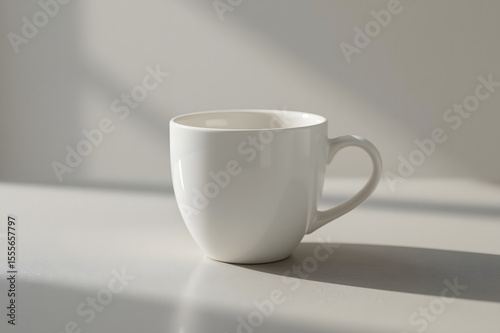 Minimal White Coffee Mug on Light Surface with Soft Morning Shadow for Branding or Mockup Use