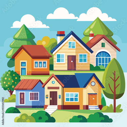 Isolated cartoon houses set. Simple suburban houses. Concept of real estate, property and ownership. 
