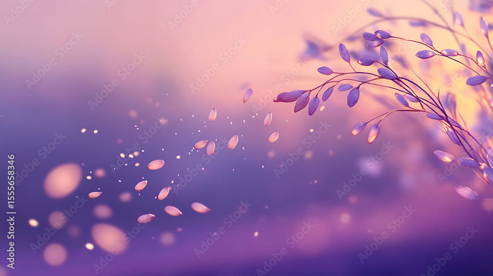 Obraz premium Moody dusk setting with pale seeds drifting into a muted violet sky, rich bokeh in soft lilac and indigo gradients surrounding the scene