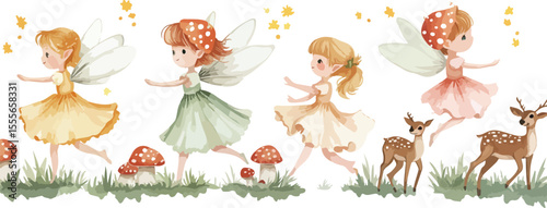 Watercolor Fairies and Deer in a Magical Forest Border Illustration
