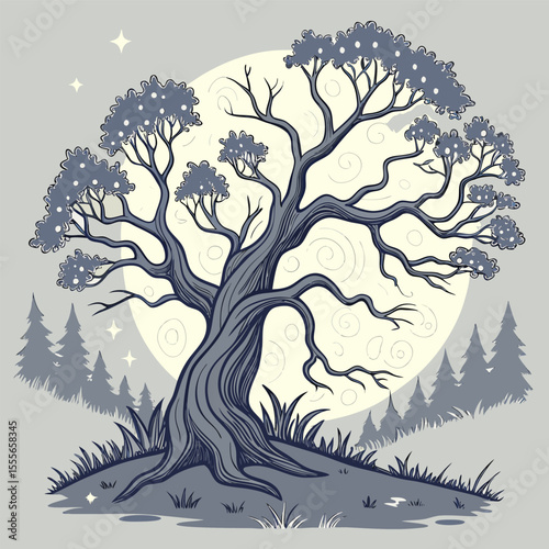 An enchanted tree with twisted branches, glowing fireflies surrounding it., illustration of a tree	vector tree
