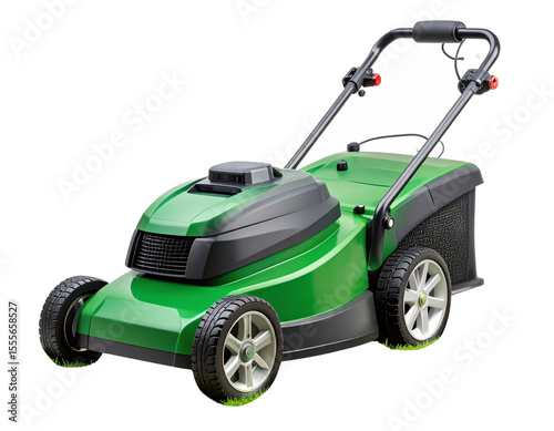 Modern Electric Lawn Mower with Grass Clippings Flying, isolated on transparent background