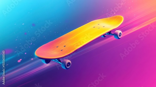 Vibrant yellow skateboard in motion, neon light trails, abstract background.