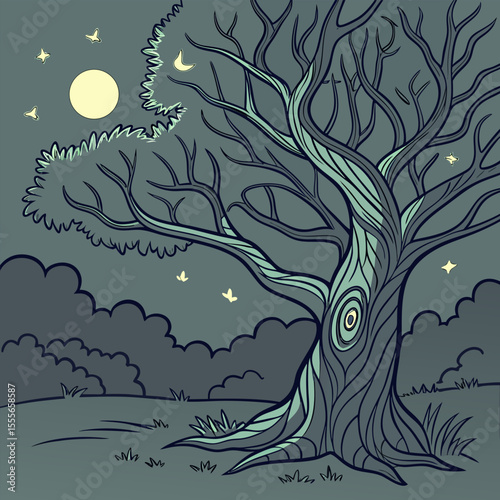 An enchanted tree with twisted branches, glowing fireflies surrounding it., illustration of a tree	vector tree