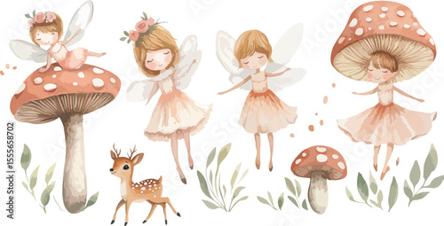 Watercolor Illustration of Forest Fairies with Mushrooms and a Deer