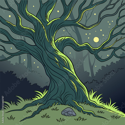 An enchanted tree with twisted branches, glowing fireflies surrounding it., illustration of a tree	vector tree