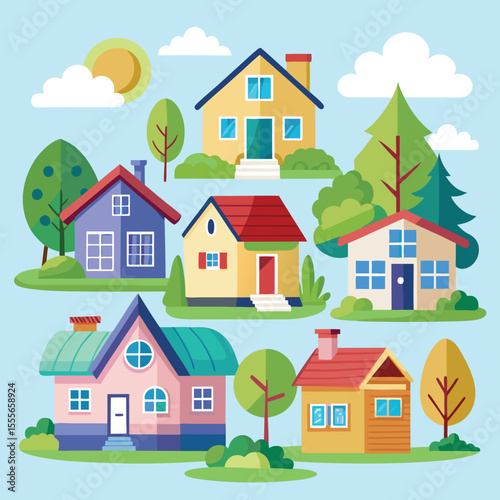 Isolated cartoon houses set. Simple suburban houses. Concept of real estate, property and ownership. 
