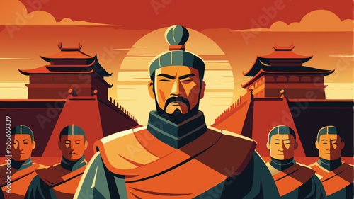 A depiction of a chinese emperor with his guards and palace landscape illustration