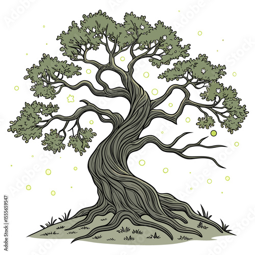 An enchanted tree with twisted branches, glowing fireflies surrounding it., illustration of a tree	vector tree