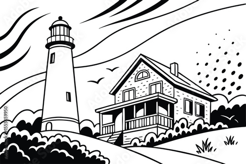Black and white illustration of a lighthouse and house on a hill with stylized waves and birds