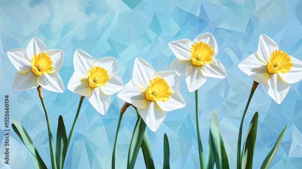 Fototapeta premium Five Daffodils on a Light Blue Background
