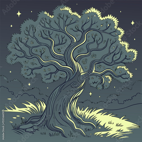 An enchanted tree with twisted branches, glowing fireflies surrounding it., illustration of a tree	vector tree