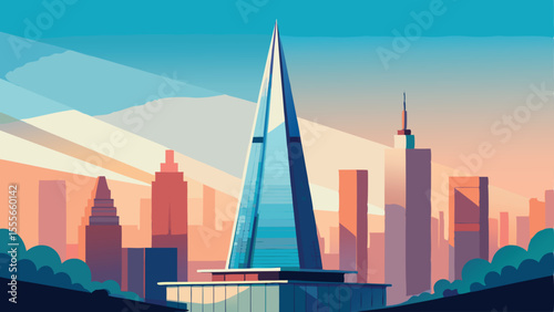 City skyline with a tall triangular building in the center landscape illustration