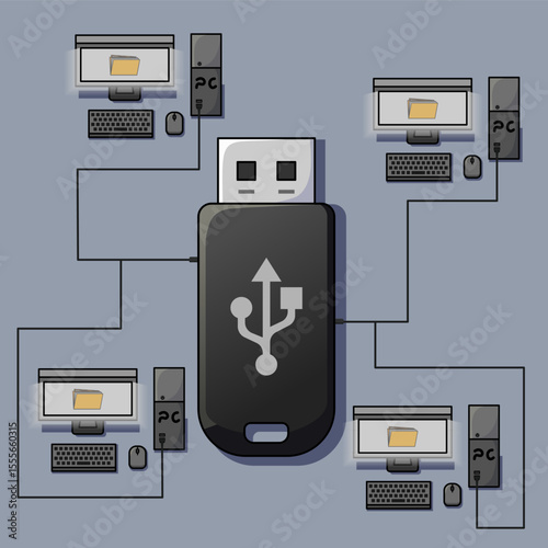 Vector illustration of a large flash drive connected to many computers