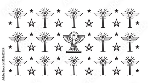 Geometric pattern featuring egyptian inspired winged figures and stars in a clean line art silhouette style