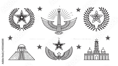 Collection of mystical symbols featuring stars laurel wreaths pyramids and winged obelisks silhouette