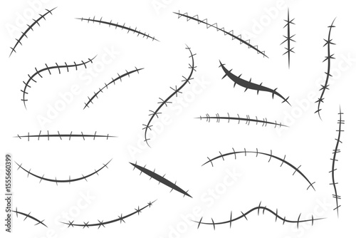 Skin scars and stitch vector illustrations. Simple black medical icons