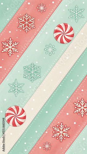 Pastel Christmas Background with Snowflakes Candy Canes and Stripes