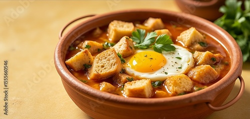 Traditional Portuguese Açorda soup in rustic clay bowl