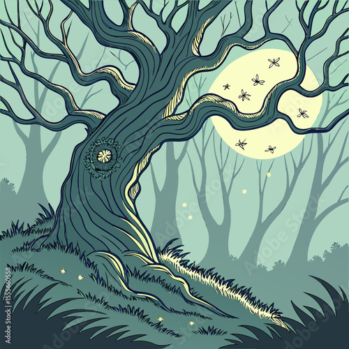 An enchanted tree with twisted branches, glowing fireflies surrounding it., illustration of a tree	vector tree