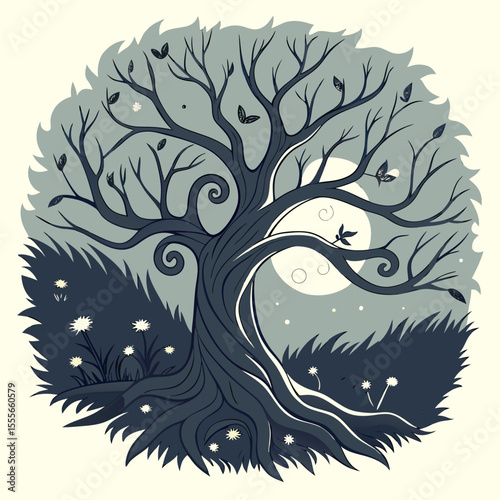 An enchanted tree with twisted branches, glowing fireflies surrounding it., illustration of a tree	vector tree