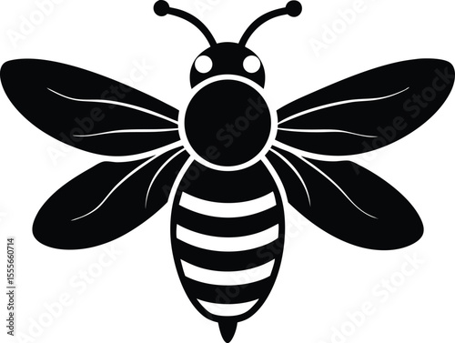 Stylized black and white silhouette of a bee with wings and stripes