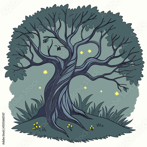 An enchanted tree with twisted branches, glowing fireflies surrounding it., illustration of a tree	vector tree