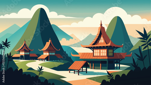 Stylized view of asian buildings with mountains in the distance landscape illustration