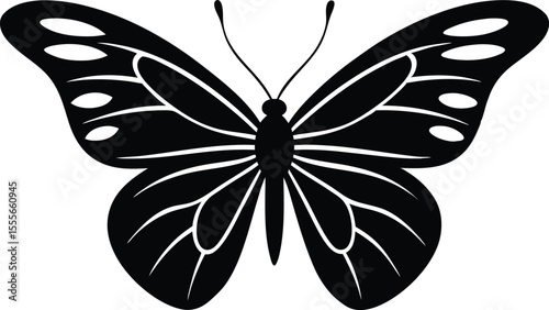 Elegant black silhouette of a butterfly with intricate wing patterns